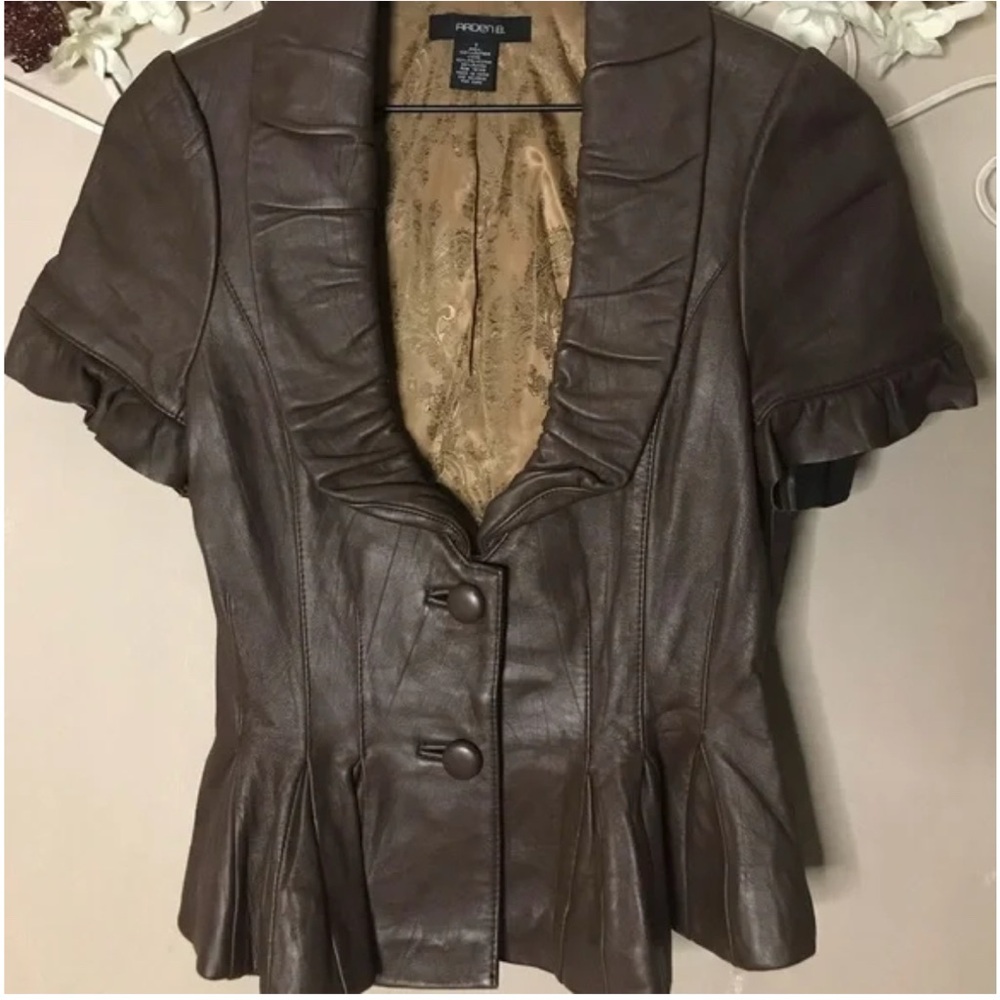 Arden B Brown Vintage Leather Fitted Waist Blazer Top with Ruffled Collar. - Picture 1 of 16
